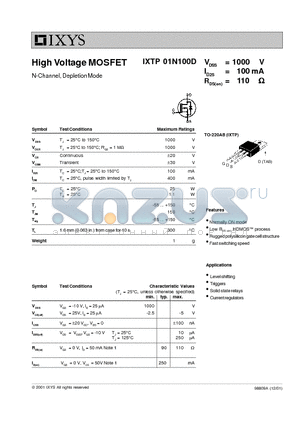 IXTP01N100D datasheet - High Voltage MOSFET