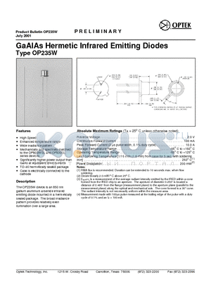 OP235W datasheet - GaAlAs Hermetic Infrared Emitting Diodes