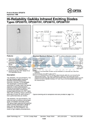 OP236TX datasheet - Hi- Reliability GaAlAs Infrared Emitting Diodes