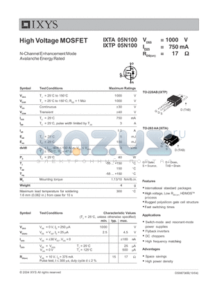 IXTP05N100 datasheet - High Voltage MOSFET