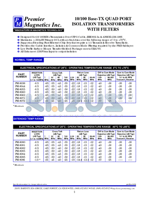 PM-8060 datasheet - 10/100 Base-TX QUAD PORT ISOLATION TRANSFORMERS WITH FILTERS