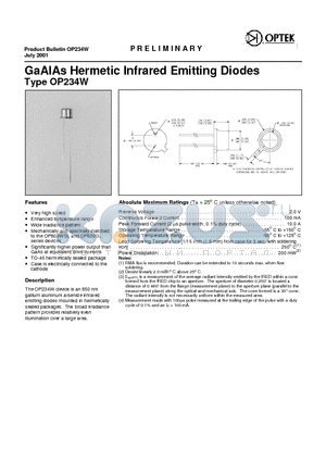 OP234W datasheet - GaAlAs Hermetic Infrared Emitting Diodes