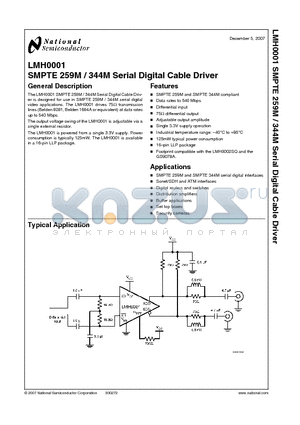 LMH0001 datasheet - SMPTE 259M / 344M Serial Digital Cable Driver