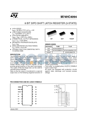 M74HC4094M1R datasheet - 8 BIT SIPO SHIFT LATCH REGISTER (3-STATE)