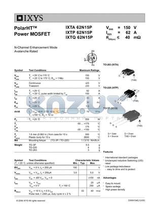 IXTP62N15P datasheet - PolarHT Power MOSFET