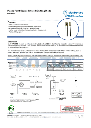 OP245PS datasheet - Plastic Point Source Infrared Emitting Diode