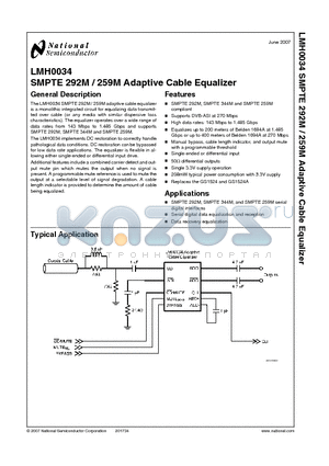 LMH0034MA datasheet - SMPTE 292M / 259M Adaptive Cable Equalizer