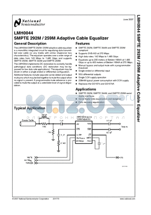 LMH0044 datasheet - SMPTE 292M / 259M Adaptive Cable Equalizer