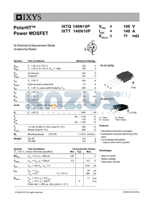 IXTQ140N10P datasheet - PolarHT  Power MOSFET