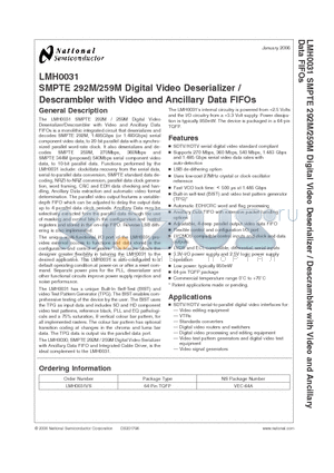 LMH0031 datasheet - SMPTE 292M/259M Digital Video Deserializer Descrambler with Video and Ancillary Data FIFOs