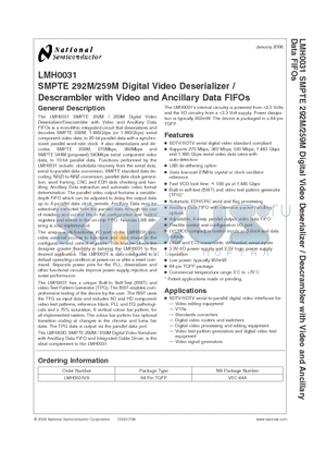 LMH0031VS datasheet - SMPTE 292M/259M Digital Video Deserializer Descrambler with Video and Ancillary Data FIFOs