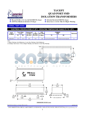 PM-8300 datasheet - T1/CEPT QUAD PORT SMD ISOLATION TRANSFORMERS