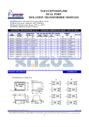 PM-8401N datasheet - T1/E1/CEPT/ISDN-PRI DUAL PORT ISOLATION TRANSFORMER MODULES