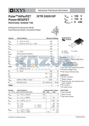 IXTR200N10P datasheet - PolarTM HiPerFET Power MOSFET