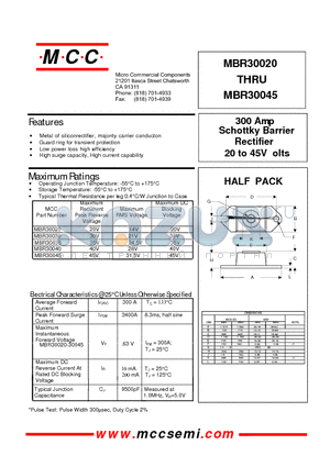 MBR30030 datasheet - 300 Amp Rectifier 20 to 45V olts Schottky Barrier