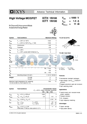 IXTT1N100 datasheet - High Voltage MOSFET
