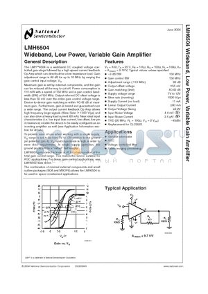 LMH6504 datasheet - Wideband, Low Power, Variable Gain Amplifier
