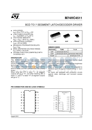 M74HC4511TTR datasheet - BCD TO 7 SEGMENT LATCH/DECODER DRIVER