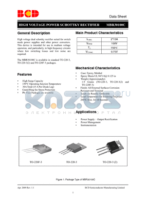 MBR30100C datasheet - HIGH VOLTAGE POWER SCHOTTKY RECTIFIER