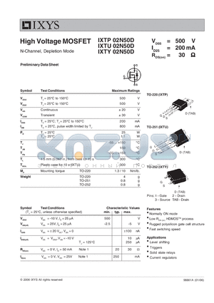IXTY02N50D datasheet - High Voltage MOSFET N-Channel, Depletion Mode