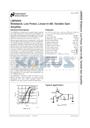 LMH6505 datasheet - Wideband, Low Power, Linear-in-dB, Variable Gain Amplifier