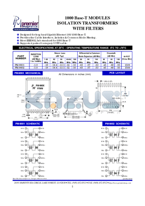 PM-9002 datasheet - 1000 Base-T MODULES ISOLATION TRANSFORMERS WITH FILTERS