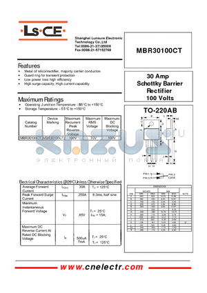 MBR30100CT datasheet - 30Amp schottky barrier rectifier 100volts