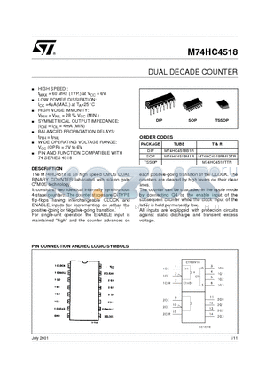 M74HC4518 datasheet - DUAL DECADE COUNTER