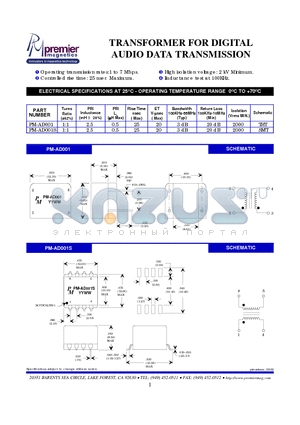 PM-AD001 datasheet - TRANSFORMER FOR DIGITAL AUDIO DATA TRANSMISSION