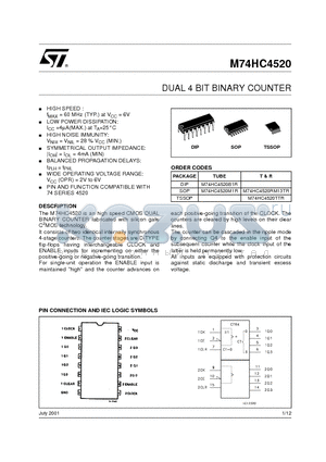 M74HC4520B1R datasheet - DUAL 4 BIT BINARY COUNTER