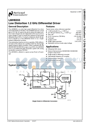 LMH6555SQE datasheet - Low Distortion 1.2 GHz Differential Driver