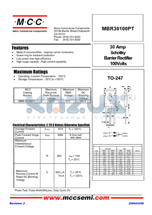 MBR30100PT datasheet - 30 Amp Schottky Barrier Rectifier 100Volts