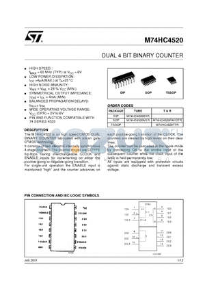 M74HC4520M1R datasheet - DUAL 4 BIT BINARY COUNTER