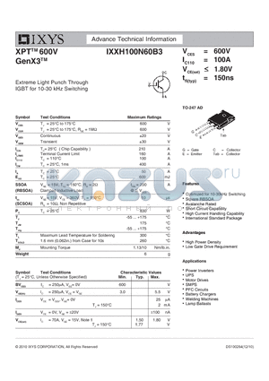 IXXH100N60B3 datasheet - Extreme Light Punch Through IGBT for 10-30 kHz Switching