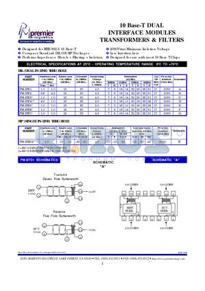 PM-BT99 datasheet - 10 Base-T DUAL INTERFACE MODULES TRANSFORMERS & FILTERS