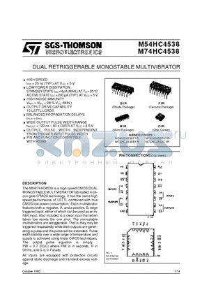 M74HC4538C1R datasheet - DUAL RETRIGGERABLE MONOSTABLE MULTIVIBRATOR