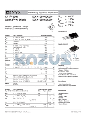 IXXKX100N60C3H1 datasheet - Extreme Light Punch Through IGBT for 20-60kHz Switching