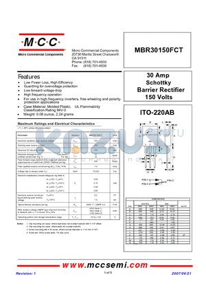 MBR30150FCT datasheet - 30 Amp Schottky Barrier Rectifier 150 Volts