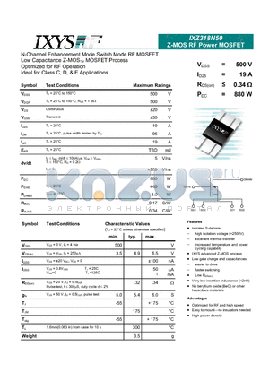 IXZ318N50 datasheet - Z-MOS RF Power MOSFET