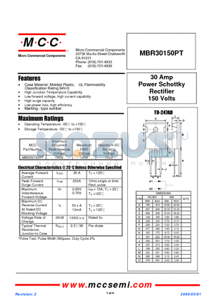 MBR30150PT datasheet - 30 Amp Power Schottky Rectifier 150 Volts