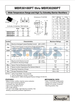 MBR30150PT datasheet - Wide Temperature Range and High Tjm Schottky Barrier Rectifiers
