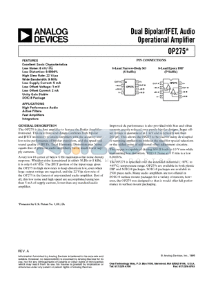 OP275 datasheet - Dual Bipolar/JFET, Audio Operational Amplifier