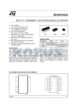 M74HC4543TTR datasheet - BCD TO 7 SEGMENT LATCH/DECODER/LCD DRIVER