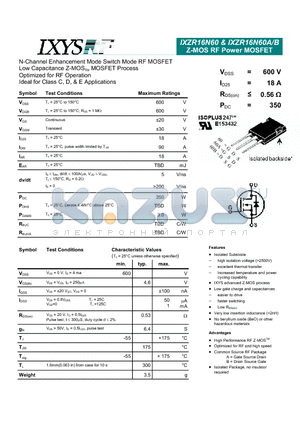 IXZR16N60A datasheet - Z-MOS RF Power MOSFET