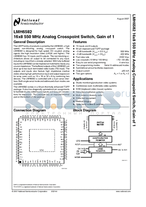 LMH6582 datasheet - 16x8 550MHz Analog Crosspoint Switch, Gain of 1
