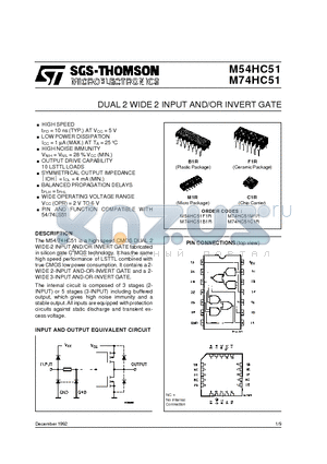 M74HC51 datasheet - DUAL 2 WIDE 2 INPUT AND/OR INVERT GATE