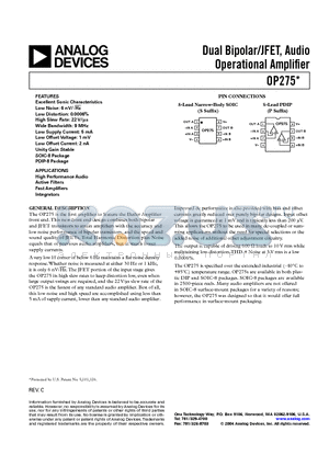 OP275GSZ-REEL7 datasheet - Dual Bipolar/JFET, Audio Operational Amplifier