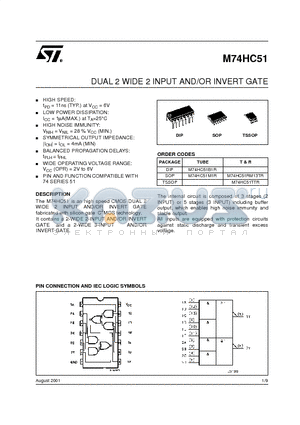 M74HC51M1R datasheet - DUAL 2 WIDE 2 INPUT AND/OR INVERT GATE