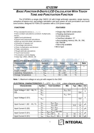 IZ1223M datasheet - BASIC FUNCTION 8-DIGITS LCD CALCULATOR WITH TOUCH TONE AND PUNCTUATION FUNCTION