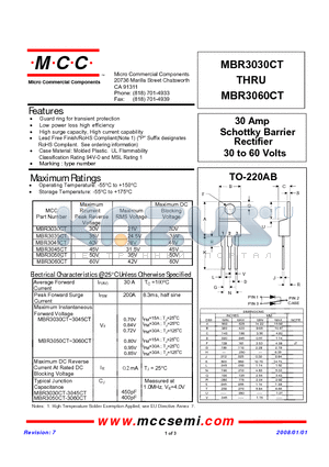 MBR3030CT_08 datasheet - 30 Amp Schottky Barrier Rectifier 30 to 60 Volts